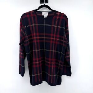 Talbots Vintage Sweater Plaid PS Navy Blue Women Wool Made In Italy Pullover